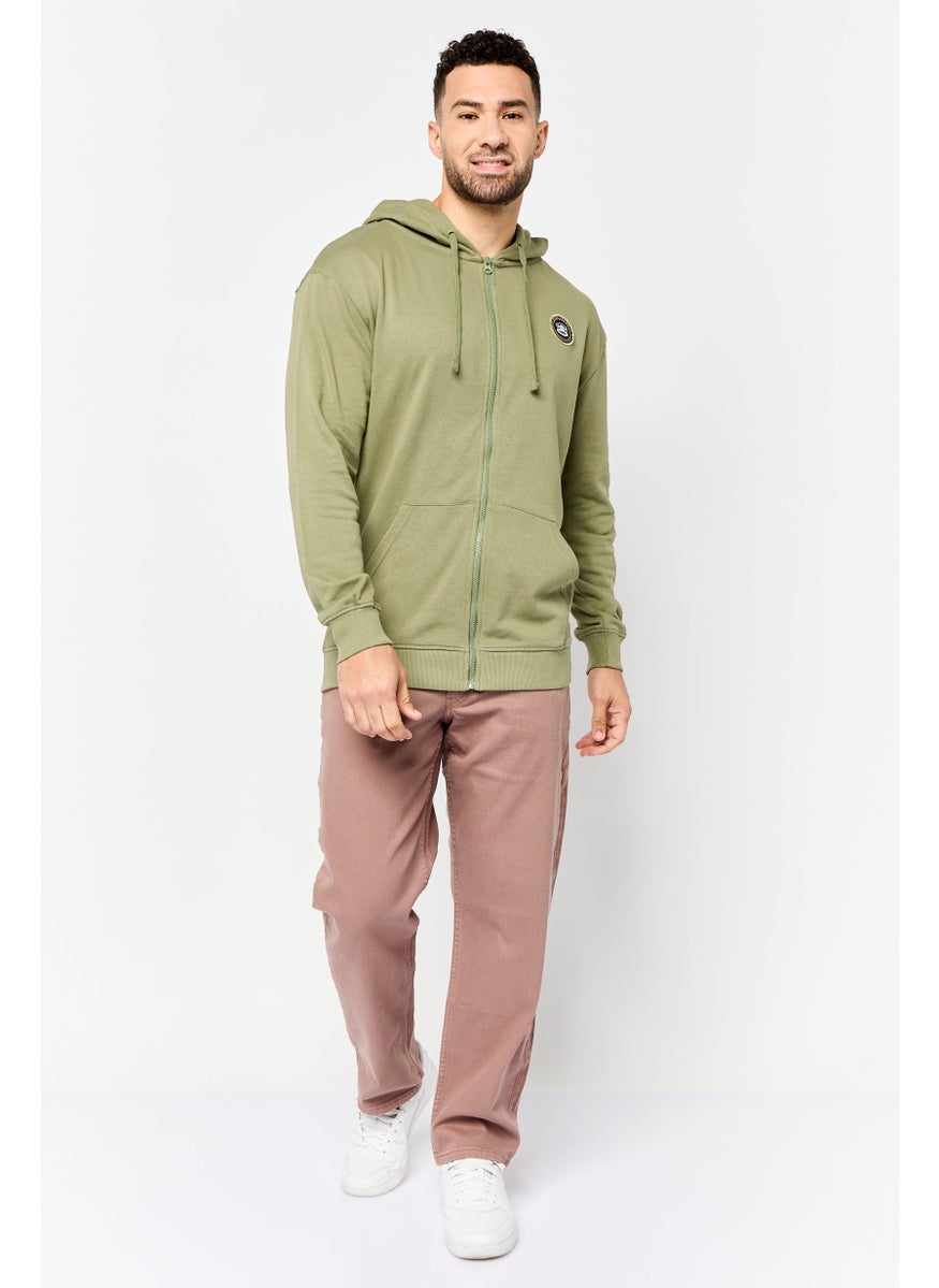 Men Brand Logo Long Sleeve Full Zip Hoodie, Sage Green