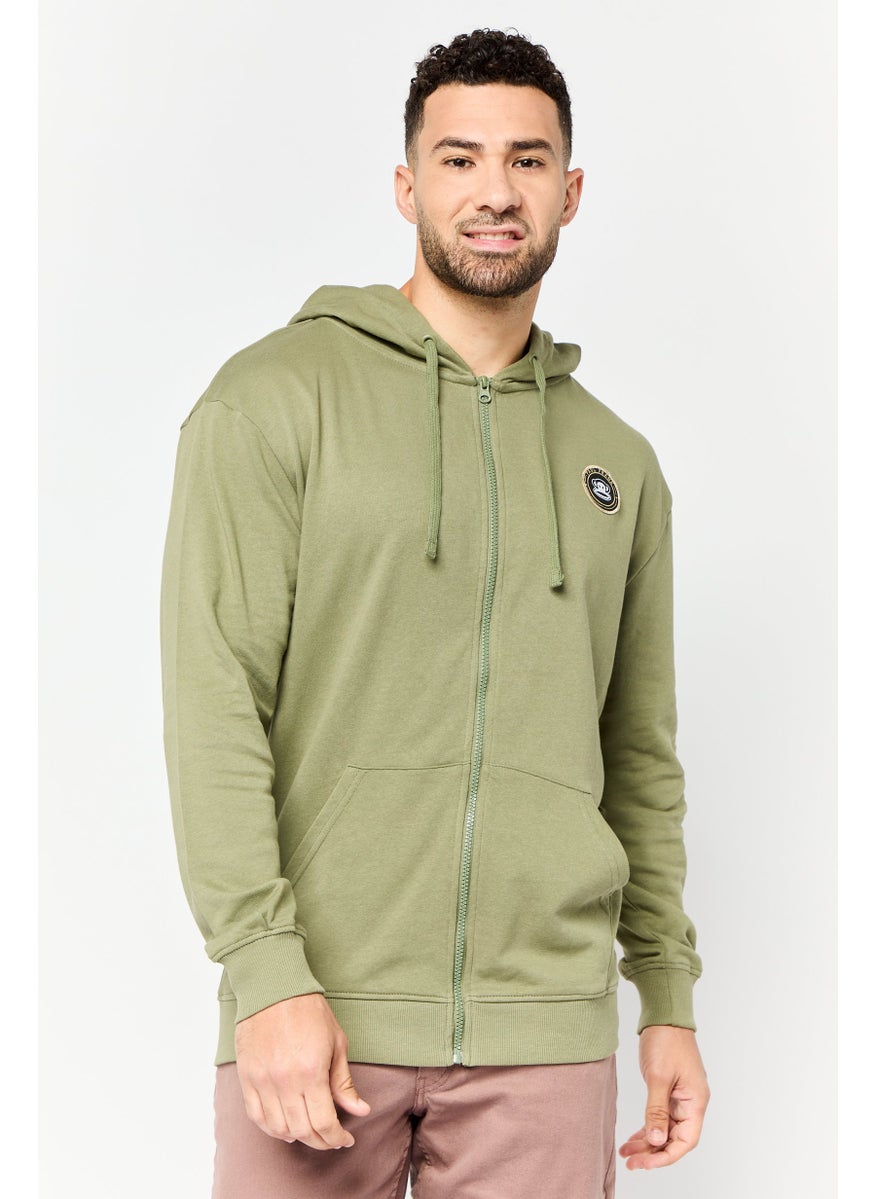 Men Brand Logo Long Sleeve Full Zip Hoodie, Sage Green