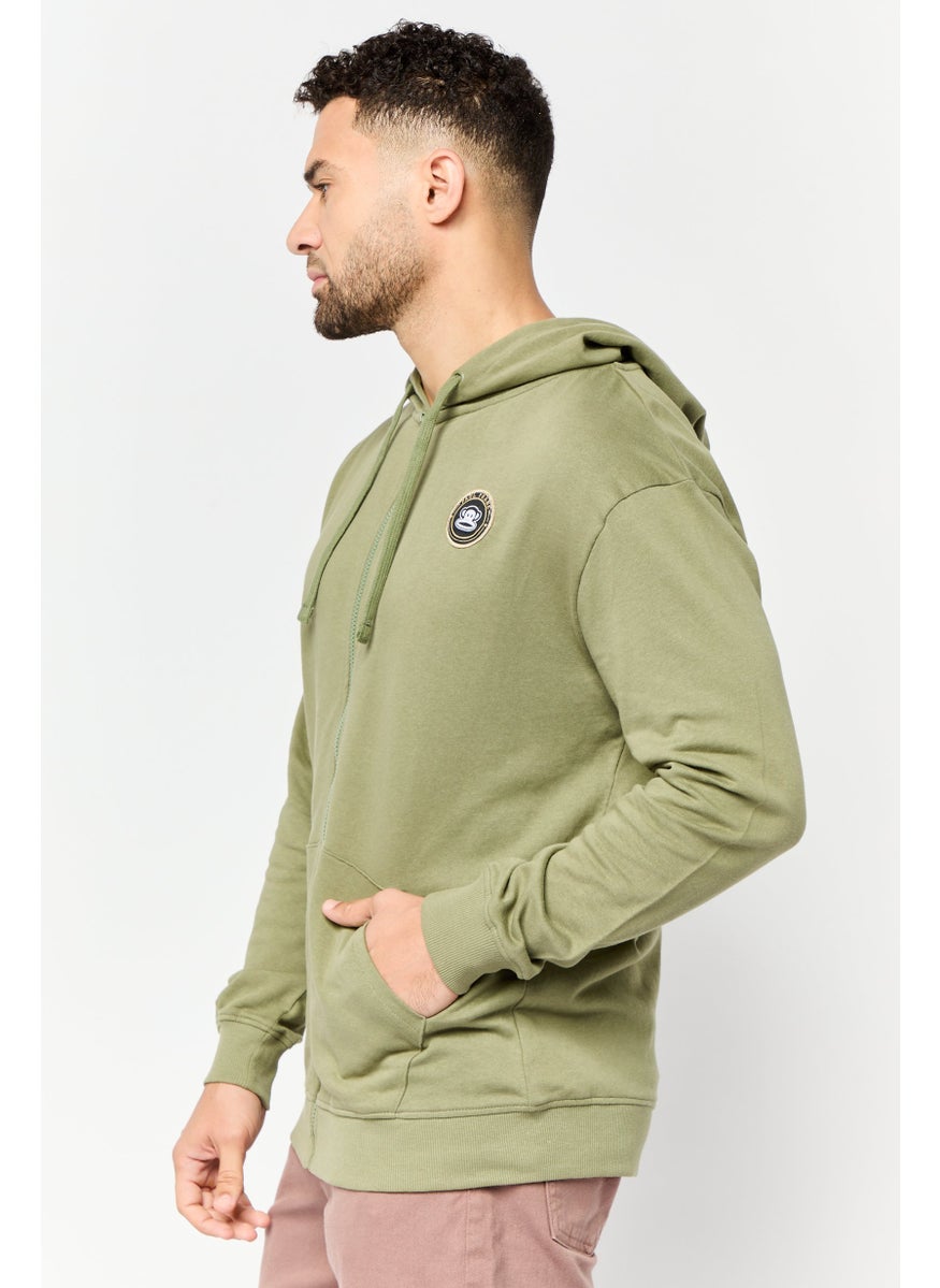 Men Brand Logo Long Sleeve Full Zip Hoodie, Sage Green