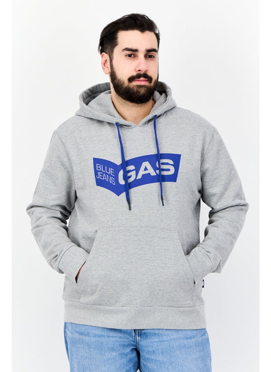 Men Brand Logo Long Sleeve Hooded Sweatshirt, Grey