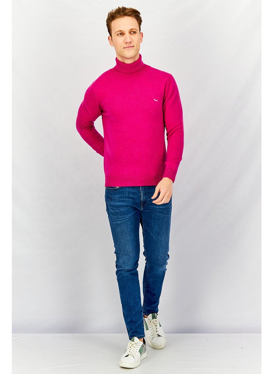 Men Turtle Neck Knitted Sweater, Fuchsia