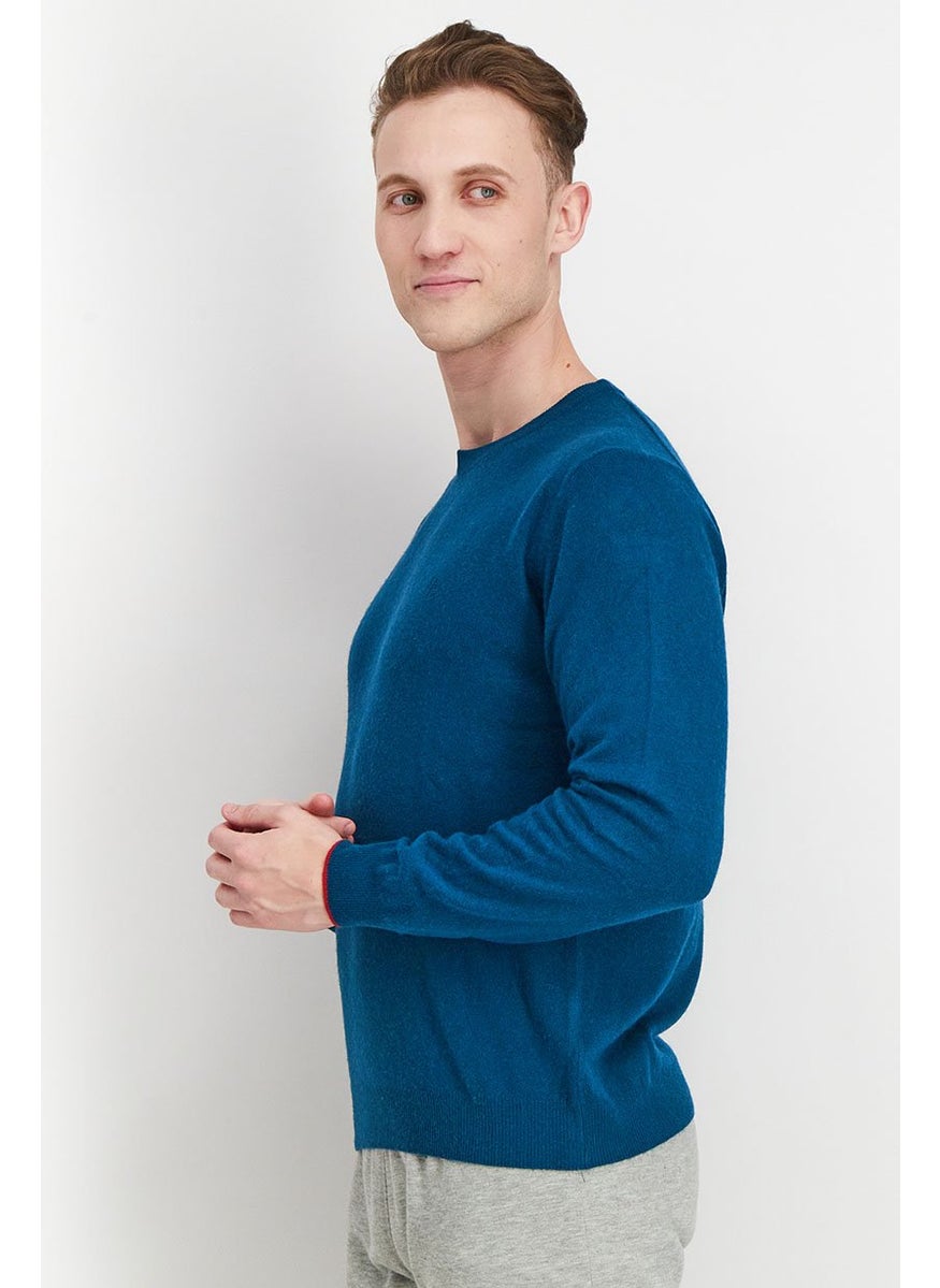 Men Crew Neck Long Sleeve Knitted Sweater, Teal
