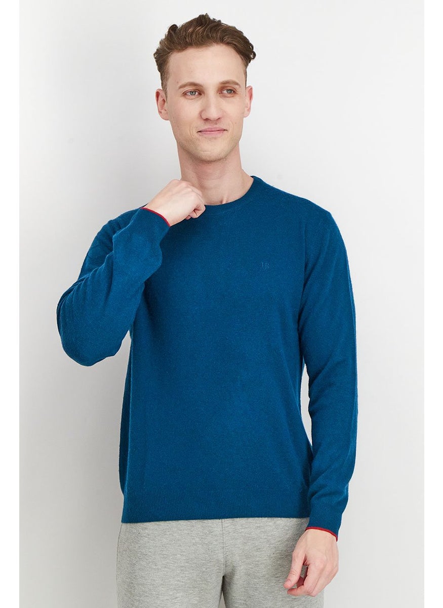 Men Crew Neck Long Sleeve Knitted Sweater, Teal