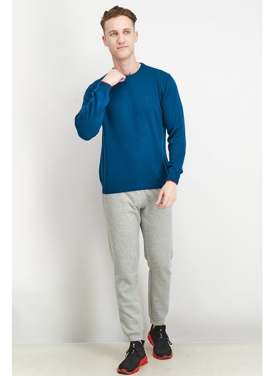 Men Crew Neck Long Sleeve Knitted Sweater, Teal