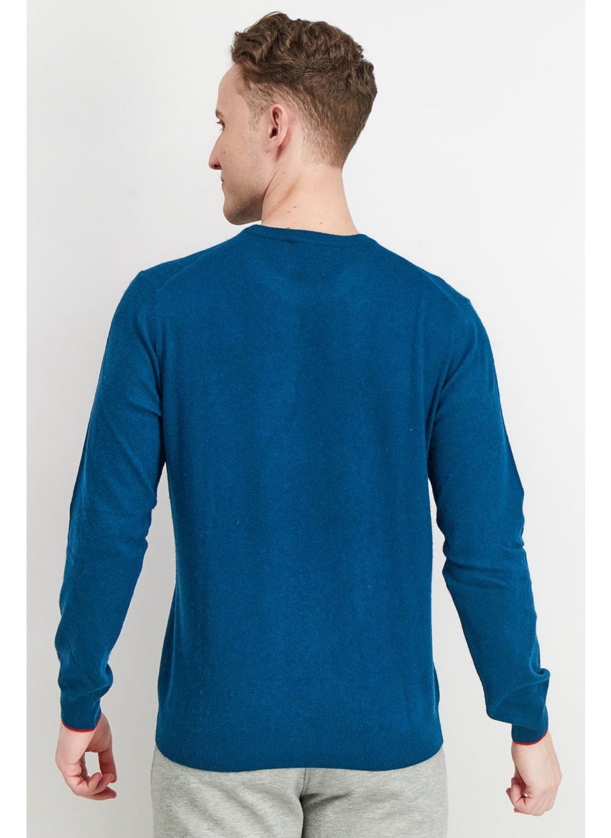 Men Crew Neck Long Sleeve Knitted Sweater, Teal