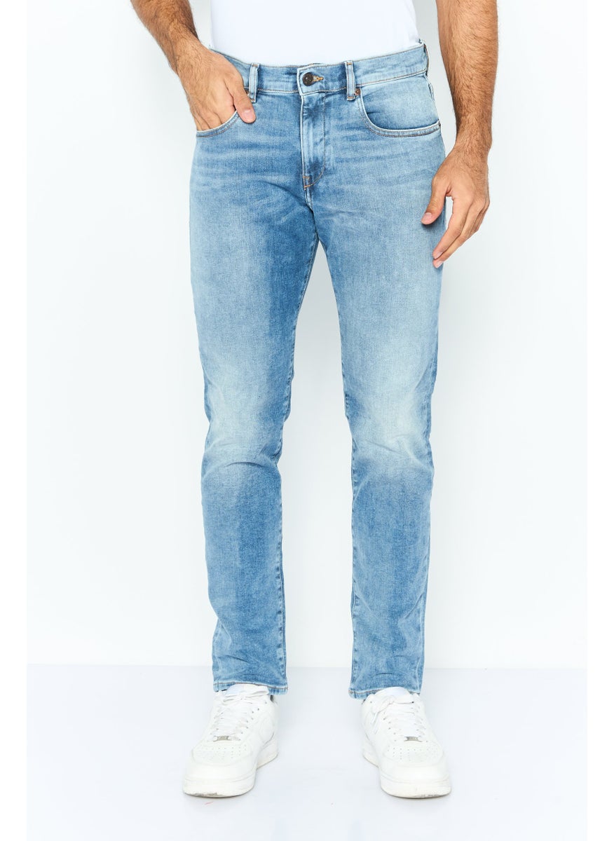 Men Regular Fit Mid Waist Washed Denim, Blue
