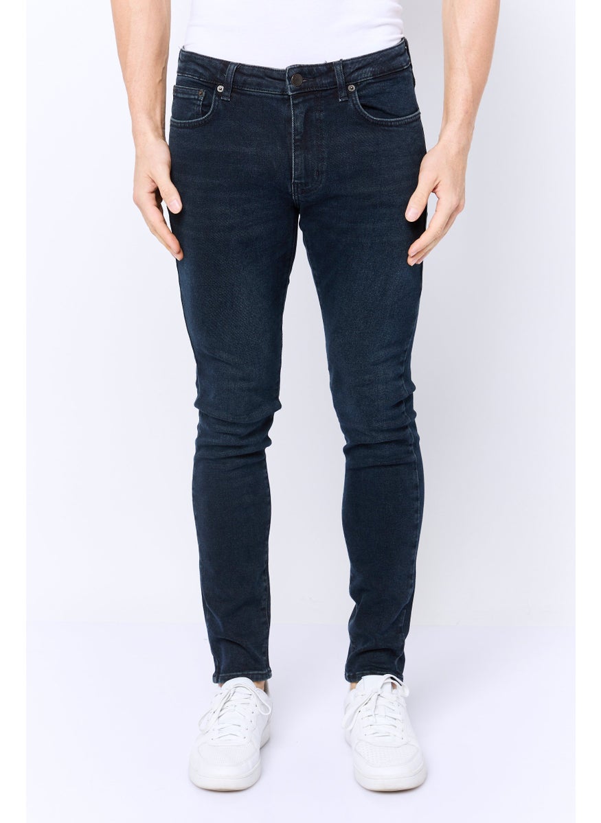 Men Skinny Fit Plain Stretchable Jeans, Dark Navy