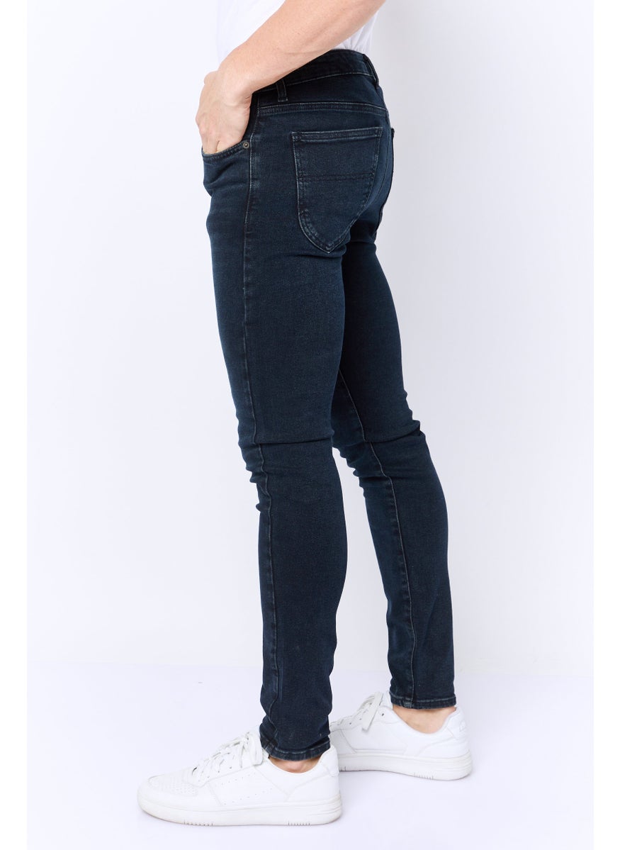Men Skinny Fit Plain Stretchable Jeans, Dark Navy