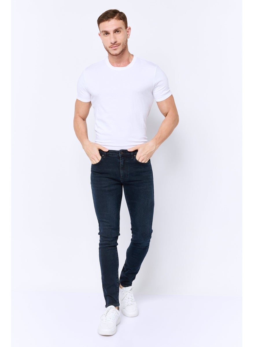 Men Skinny Fit Plain Stretchable Jeans, Dark Navy