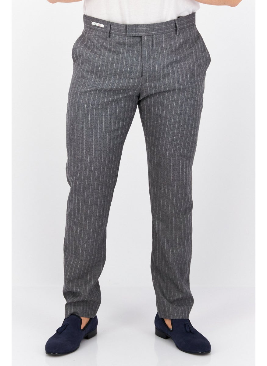 Men Regular Fit Stripped Dress Pants, Grey Combo
