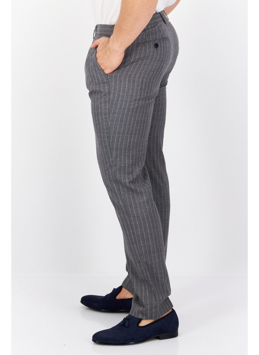 Men Regular Fit Stripped Dress Pants, Grey Combo