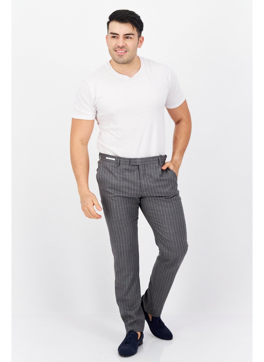 Men Regular Fit Stripped Dress Pants, Grey Combo