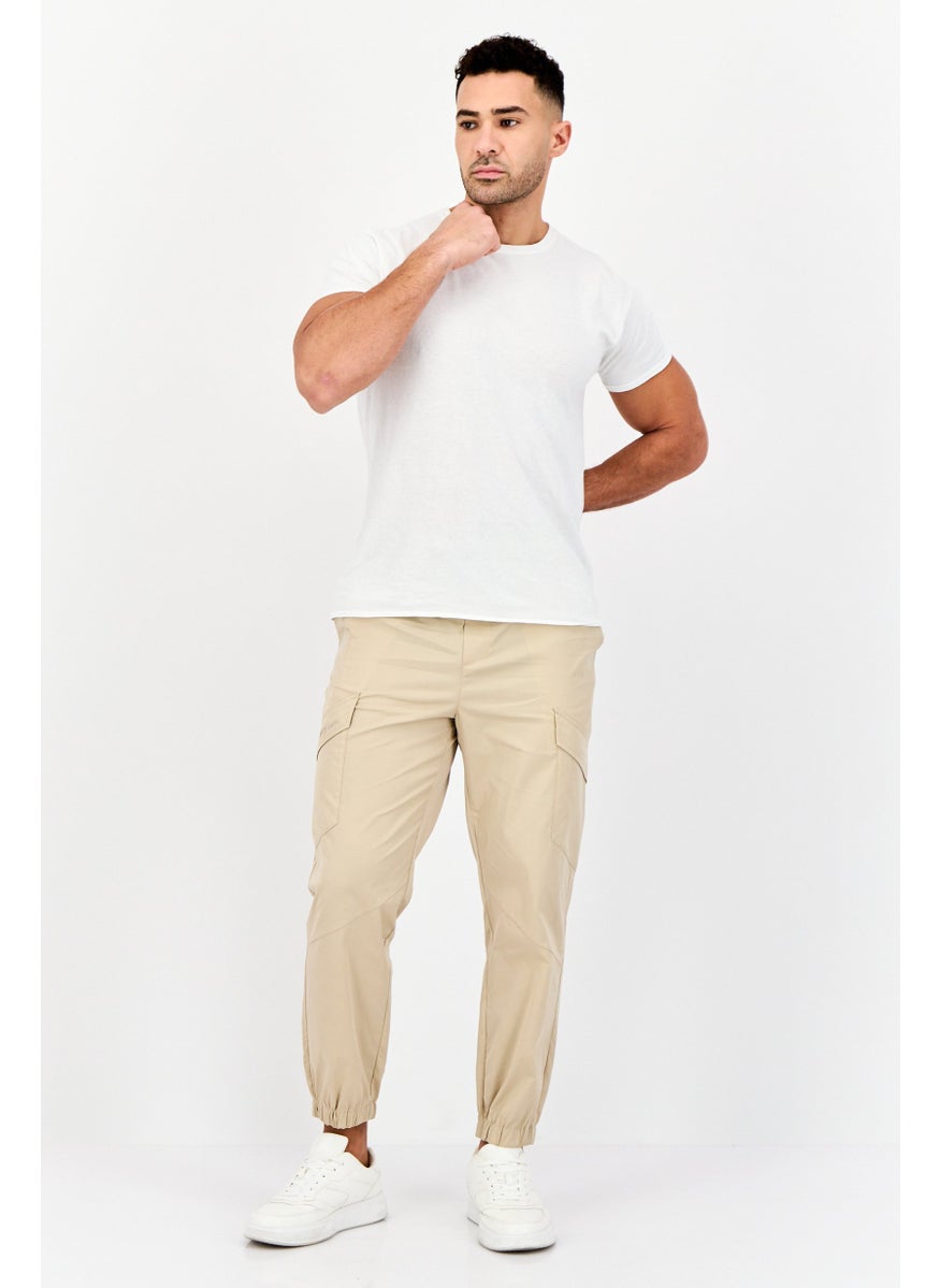 Men Tapered Fit Solid Cargo Pants, Tan