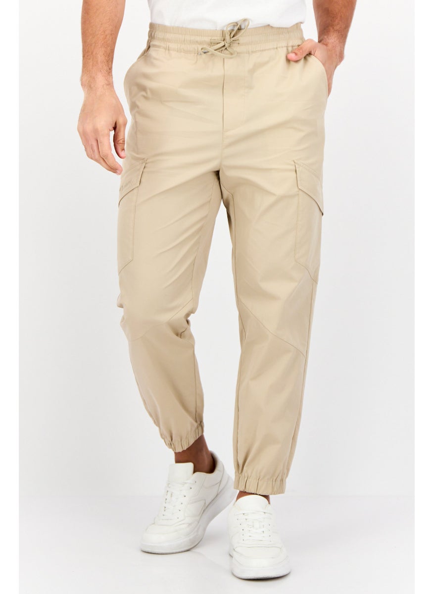 Men Tapered Fit Solid Cargo Pants, Tan