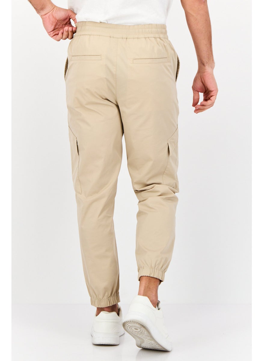 Men Tapered Fit Solid Cargo Pants, Tan