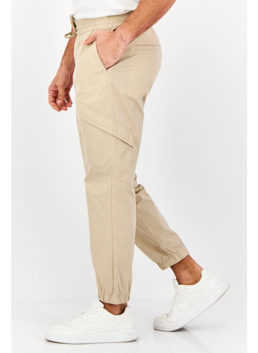 Men Tapered Fit Solid Cargo Pants, Tan