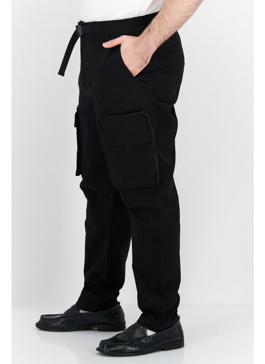 Men Loose Fit Plain Cargo Pants, Black