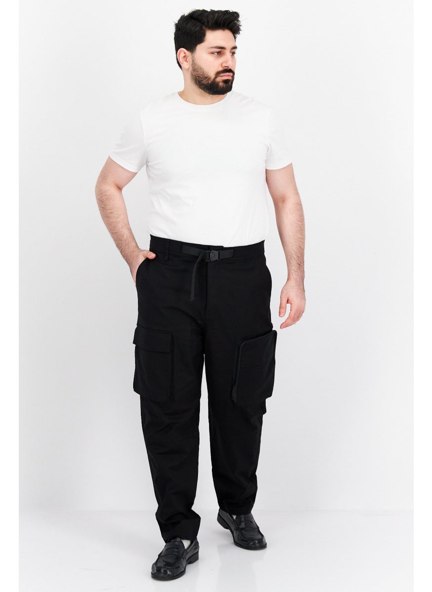 Men Loose Fit Plain Cargo Pants, Black