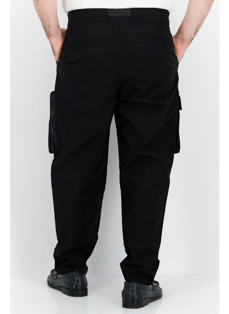 Men Loose Fit Plain Cargo Pants, Black