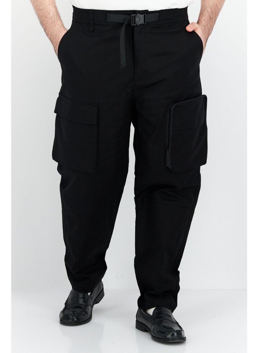Men Loose Fit Plain Cargo Pants, Black