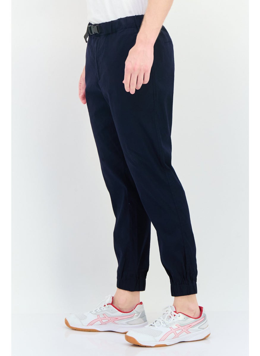 Men Cuffed Fit Solid Jogger Pants, Navy Blue