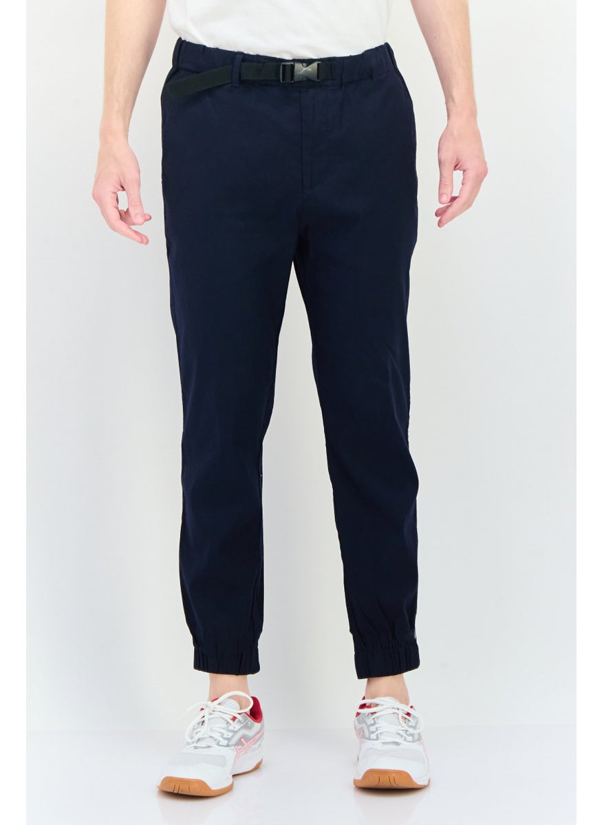 Men Cuffed Fit Solid Jogger Pants, Navy Blue