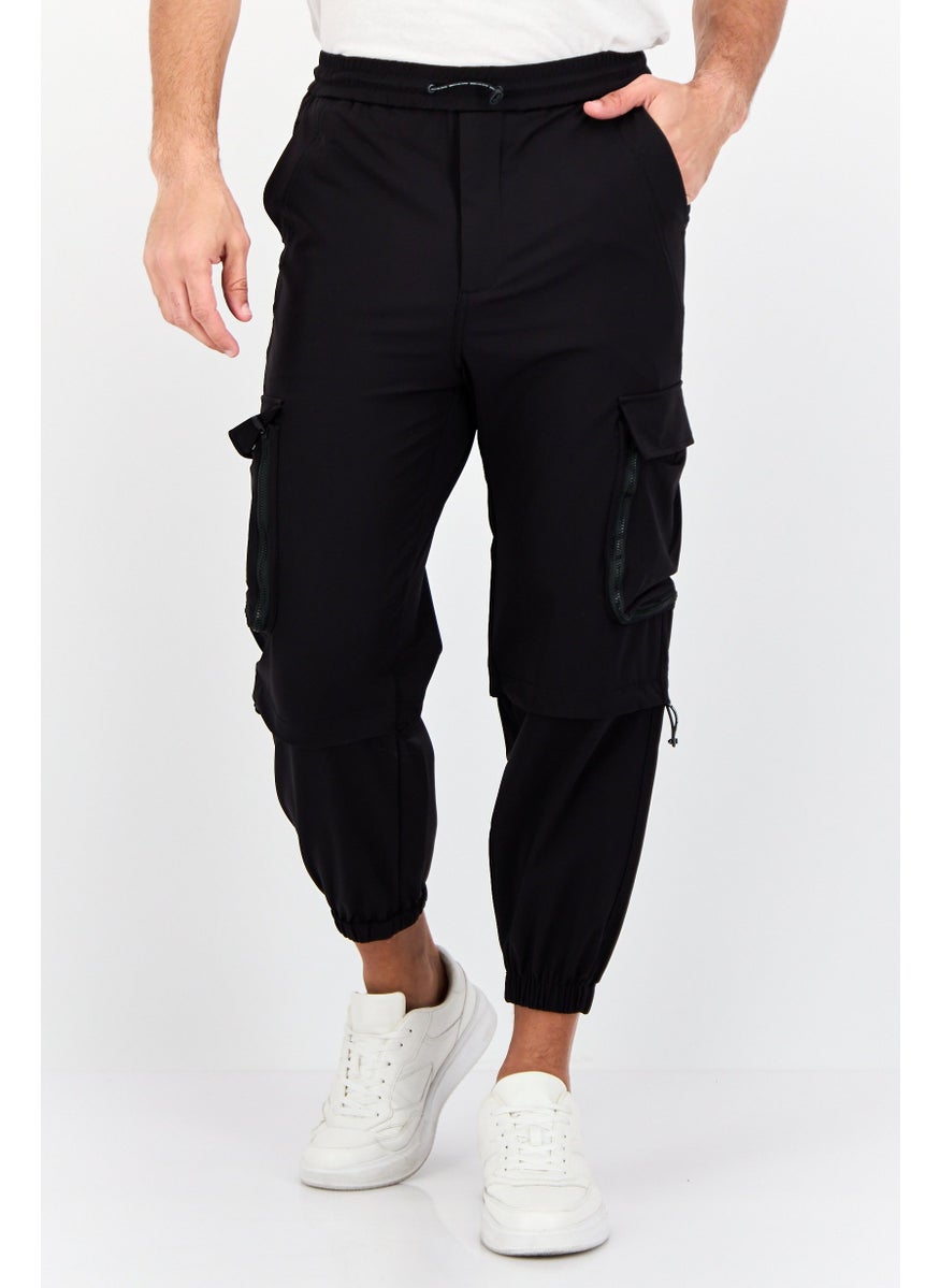 Men Loose Fit Solid Cargo Pants, Black