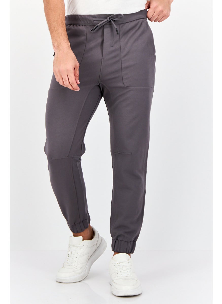 Men Cuffed Fit Drawstring Plain Jogger Pants, Grey