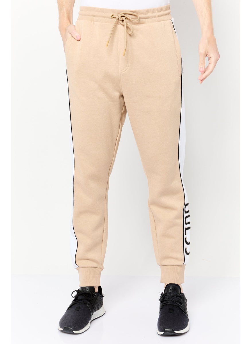 Men Regular Fit Brand Logo Jogger Pants, Beige