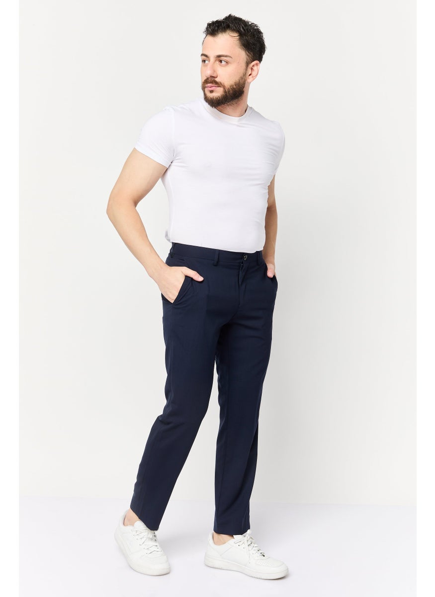 Men Regular Fit Solid Dress Pants, Navy