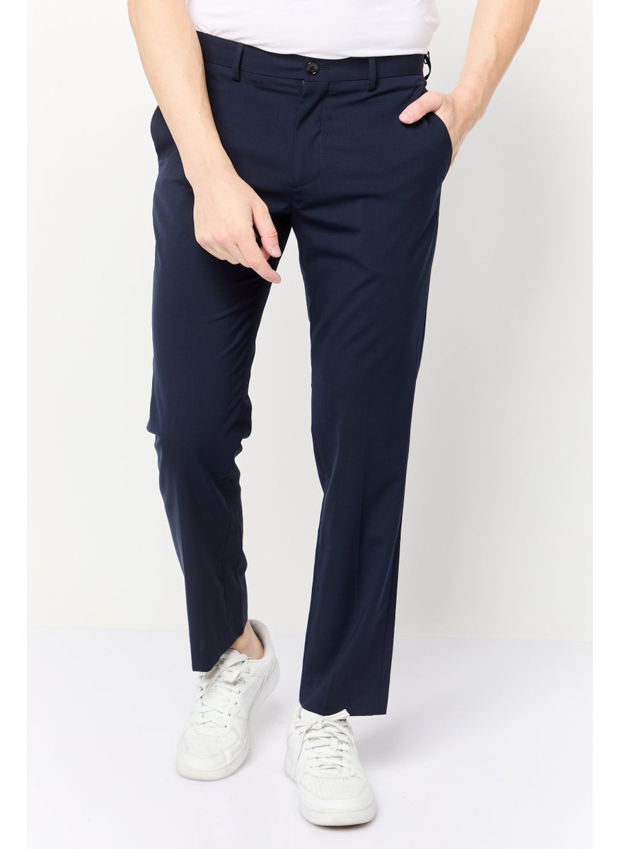 Men Regular Fit Solid Dress Pants, Navy