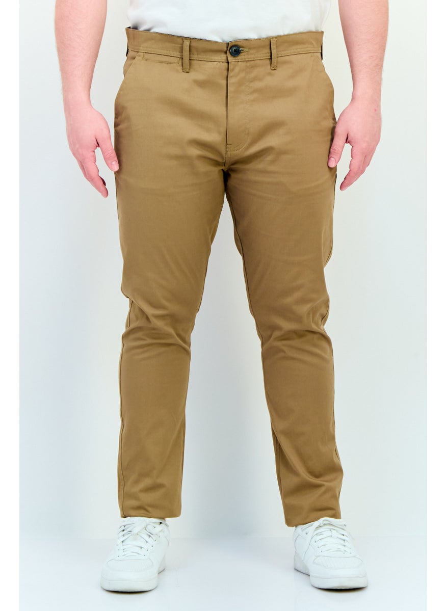 Men Slim Fit Plain Chino Pants, Dark Khaki