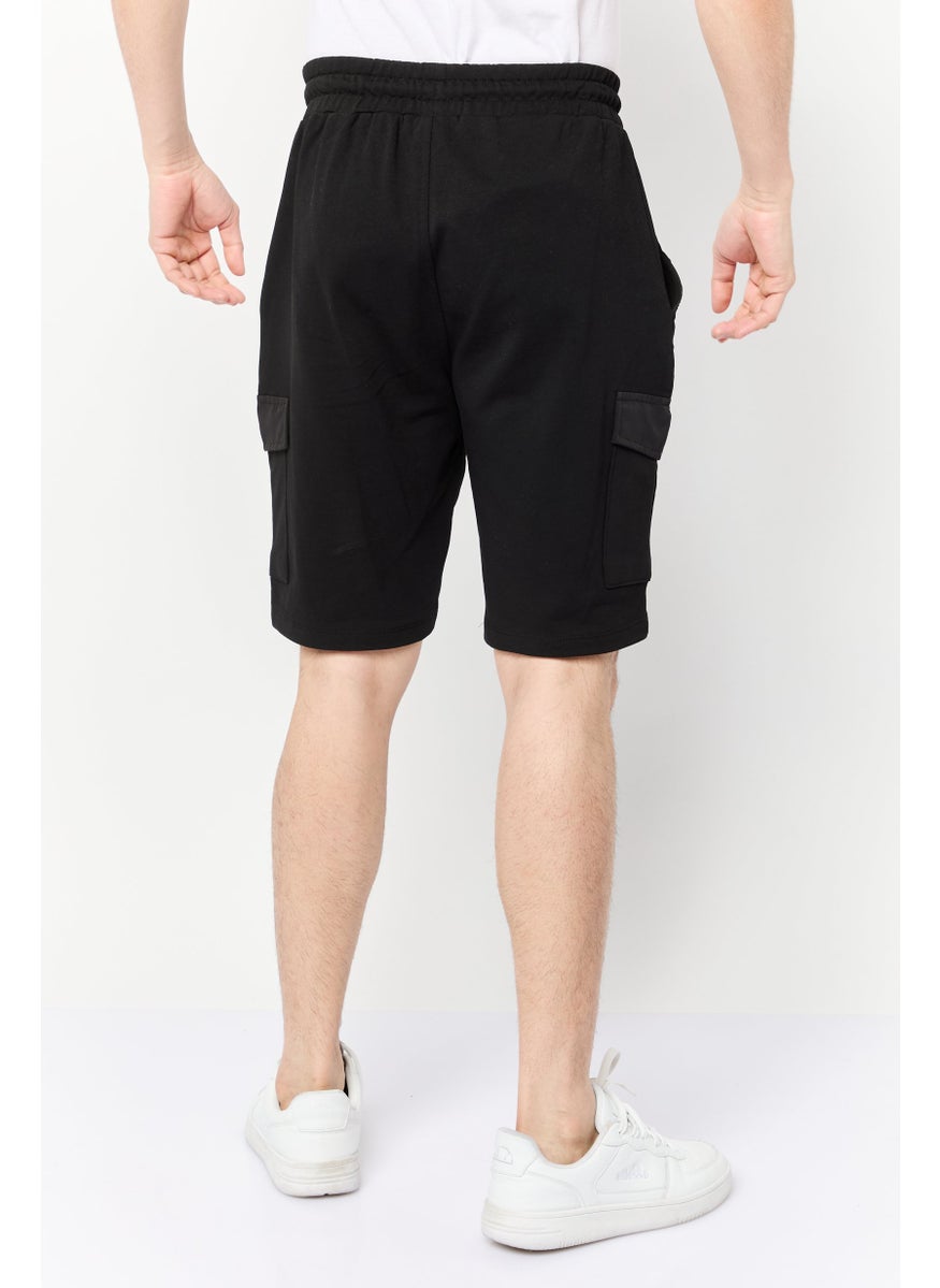 Men Regular Fit Drawstring Cargo Shorts, Black