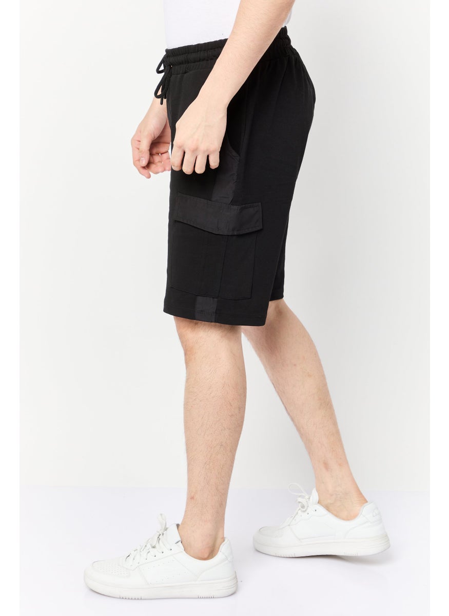 Men Regular Fit Drawstring Cargo Shorts, Black