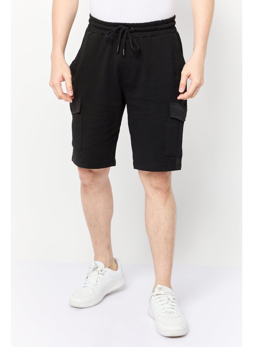 Men Regular Fit Drawstring Cargo Shorts, Black