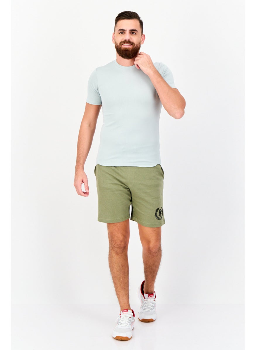 Men Graphic Print Basic Shorts, Light Olive
