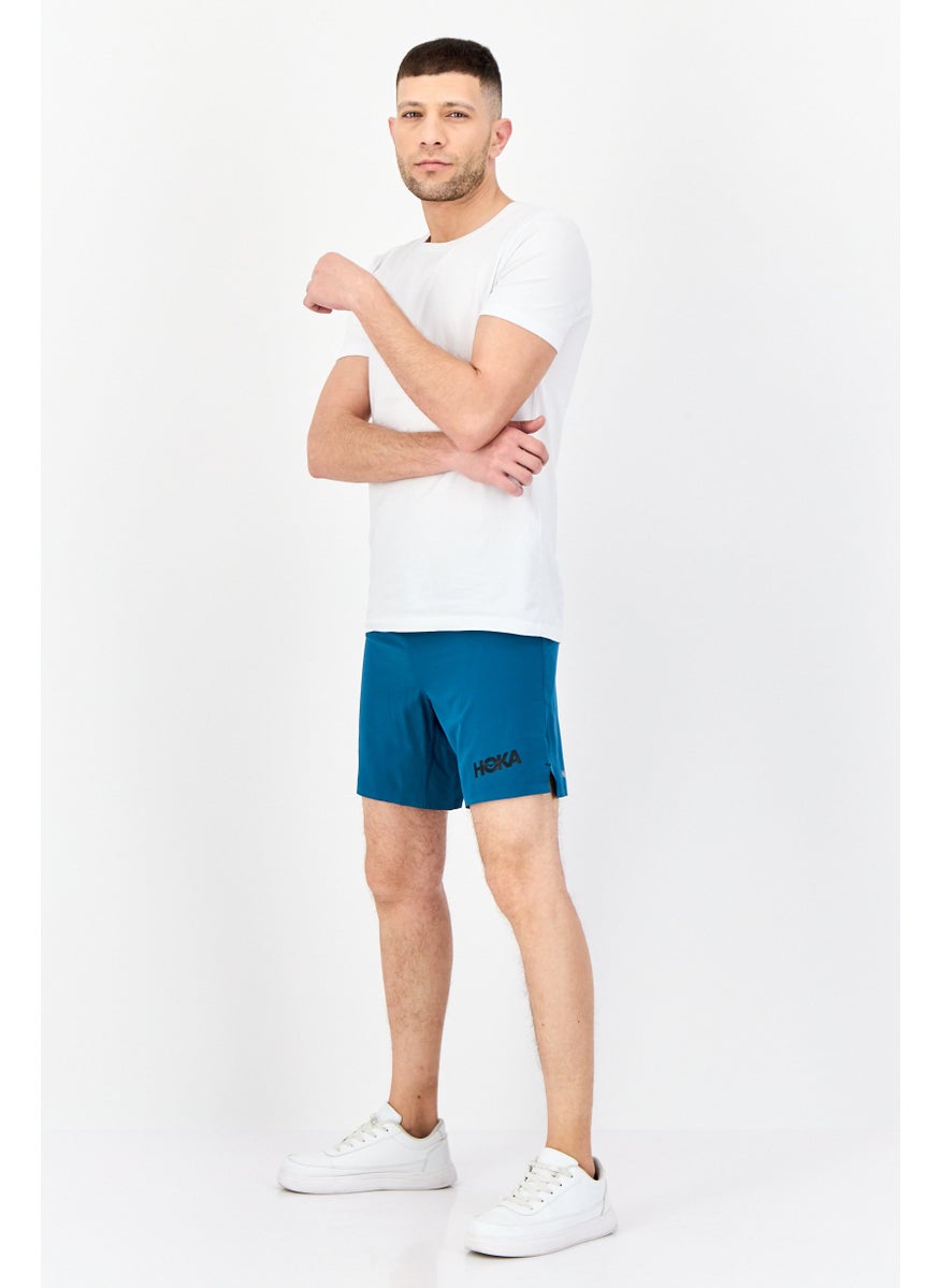 Men Sportswear Fit 7 Inseam Brand Logo Outdoor Shorts, Teal Blue