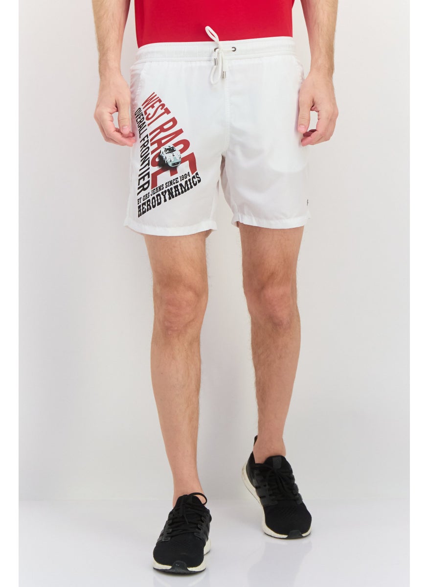 Men Drawstring Graphic Shorts, White