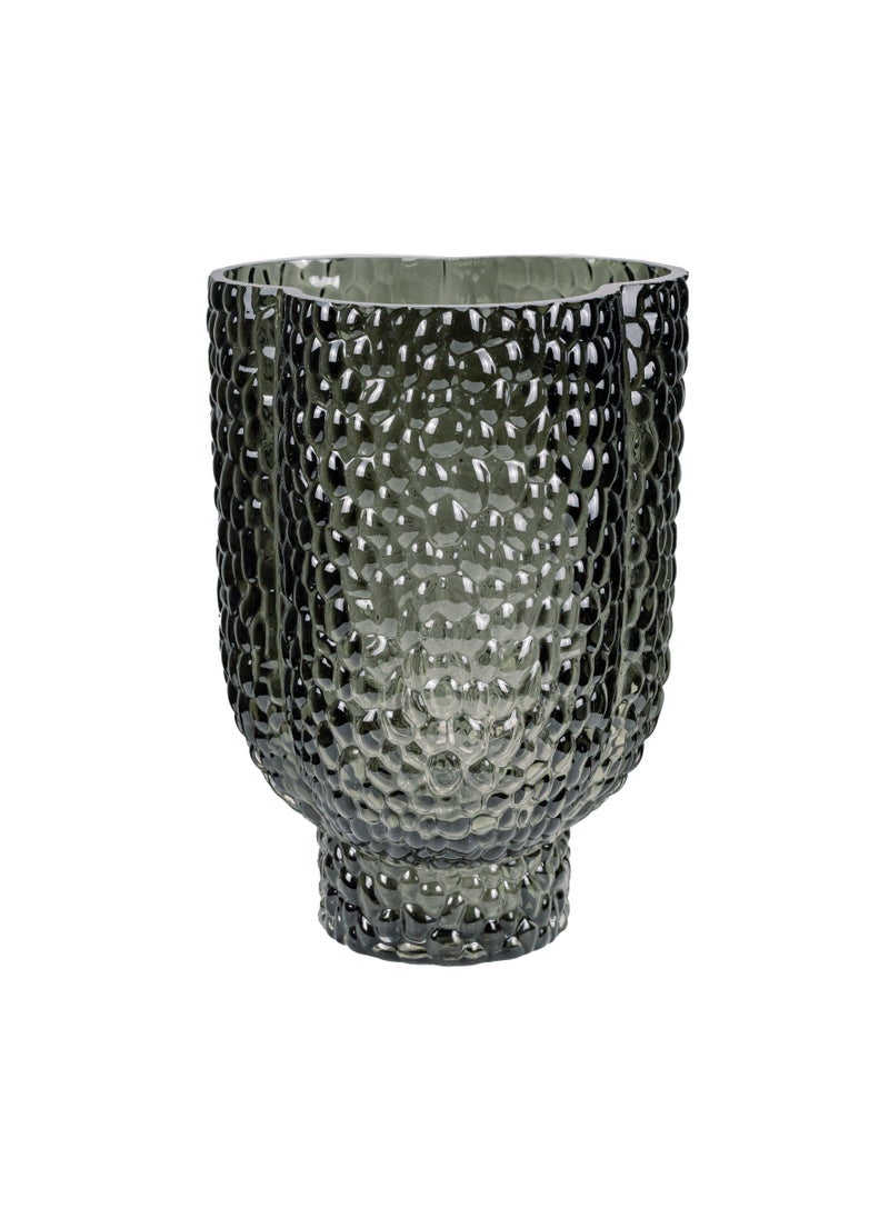 Gulf Flowers Grey Glass Vase – D17cm x H24.5cm Stylish Shaped Ribbed Decorative Vase for Floral Arrangements, Centerpieces, and Home Décor – Elegant Transparent Grey Glass Flower Vase