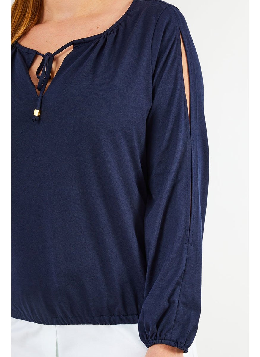 Women Tie Neck Long Sleeves Plain Blouse, Midnight Blue