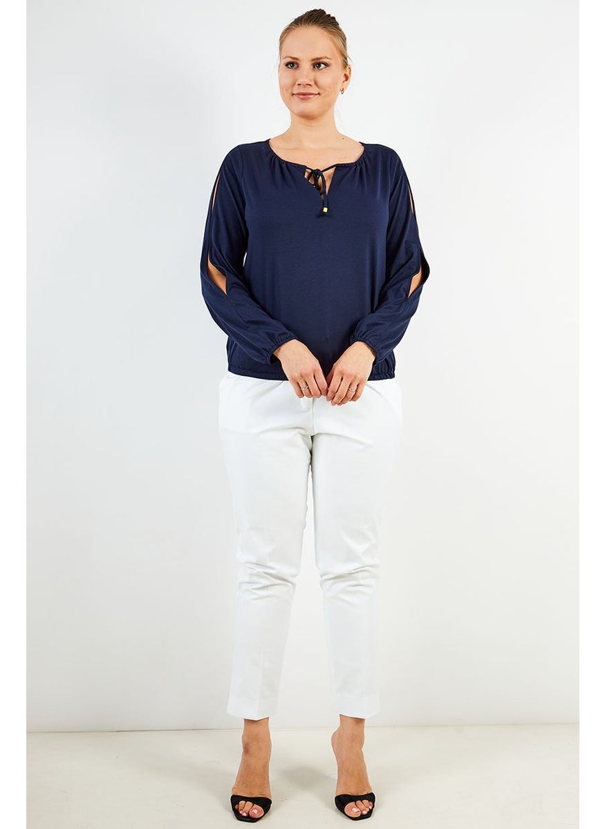 Women Tie Neck Long Sleeves Plain Blouse, Midnight Blue