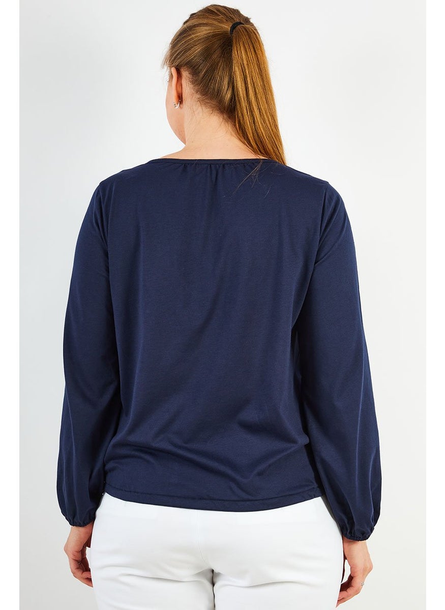 Women Tie Neck Long Sleeves Plain Blouse, Midnight Blue