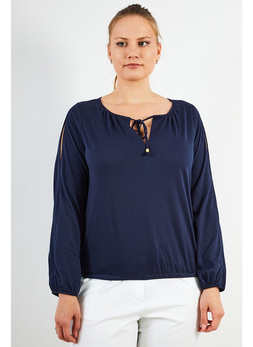 Women Tie Neck Long Sleeves Plain Blouse, Midnight Blue