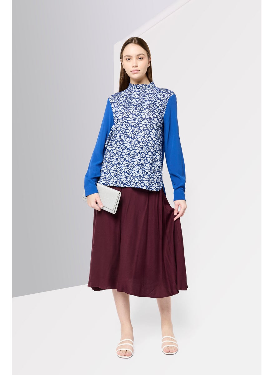 Women Round Neck Long Sleeves Textured Blouse, Blue