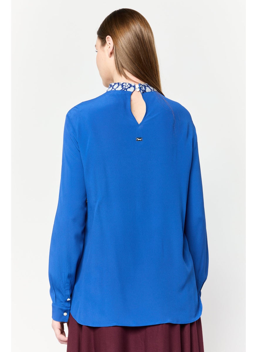 Women Round Neck Long Sleeves Textured Blouse, Blue