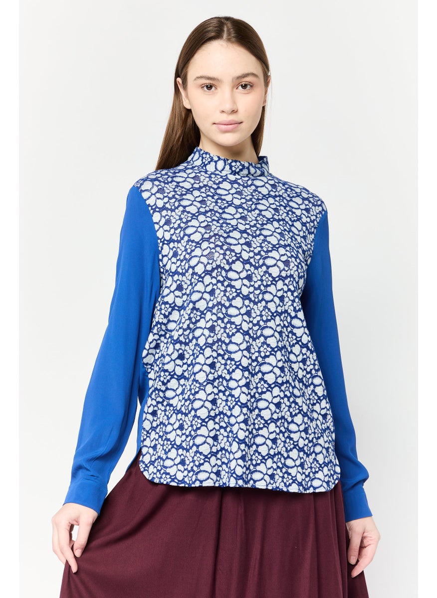 Women Round Neck Long Sleeves Textured Blouse, Blue