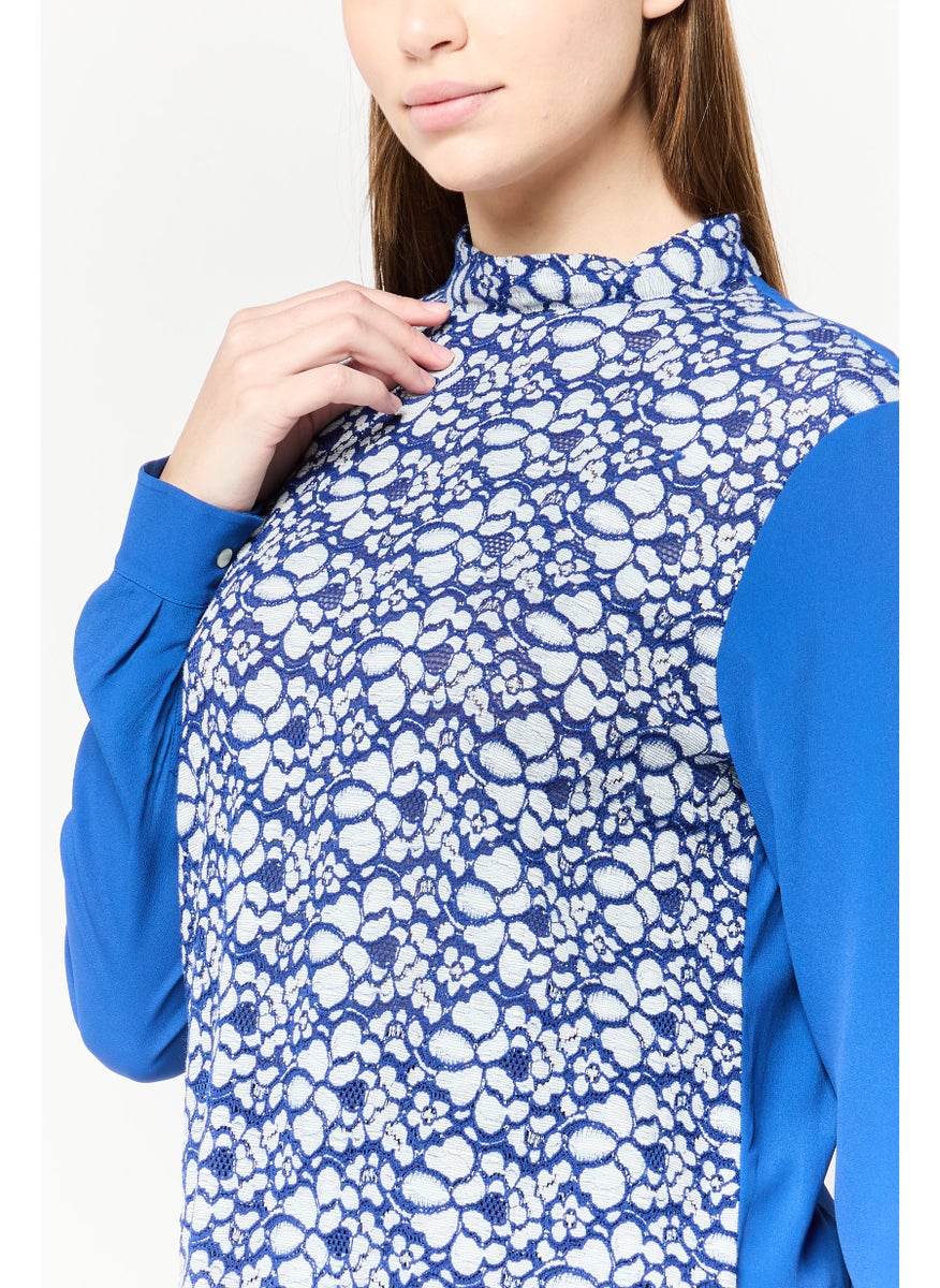 Women Round Neck Long Sleeves Textured Blouse, Blue