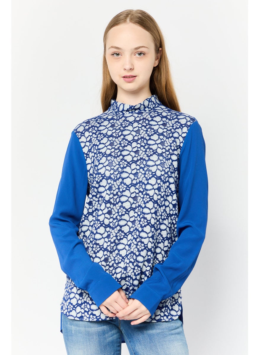 Women Mock Neck Long Textured Floral Top, Multicolor