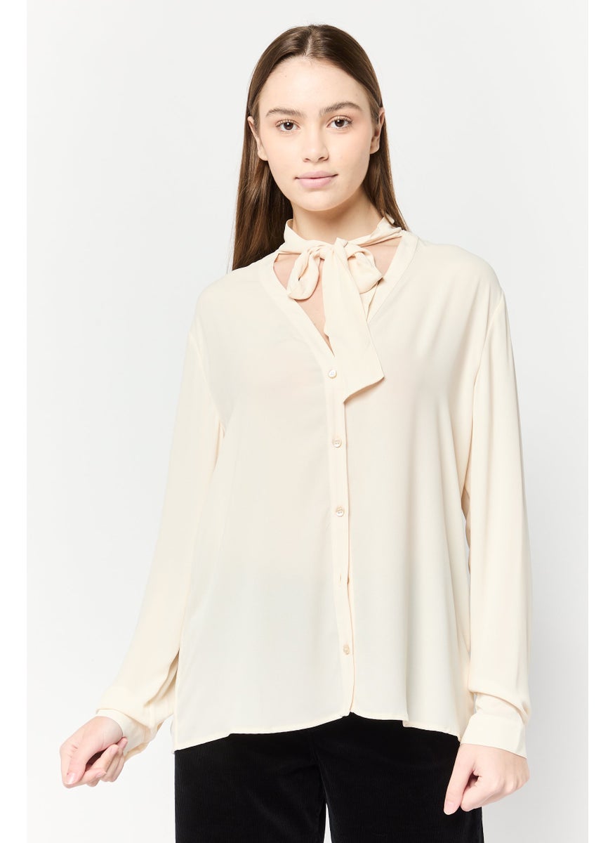 Women Tie Neck Plain Shirt, Beige
