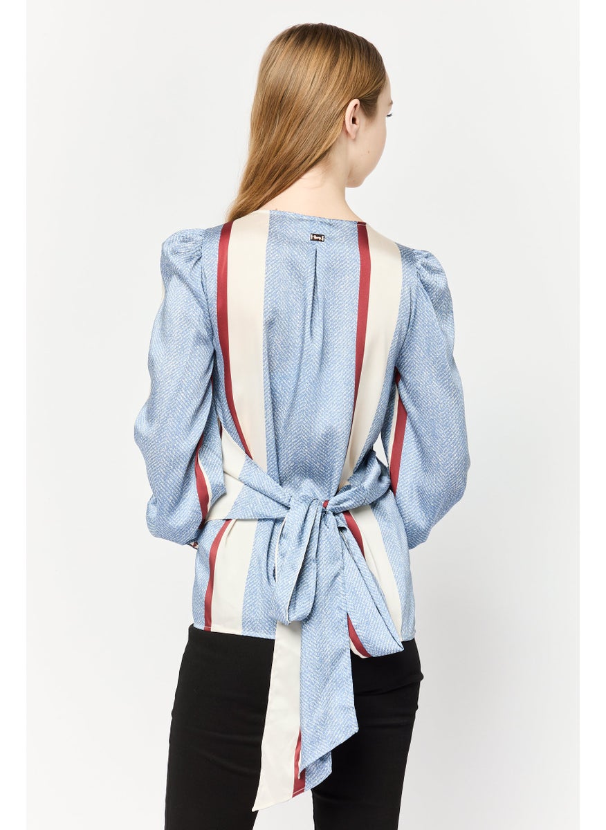 Women V-Neck Long Sleeves Stripe Blouse, Multicolor